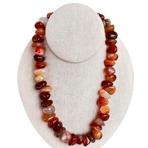Vtg Chunky Carnelian Stone Choker Necklace‎ Gemstone Sterling Silver Clasp 16 in